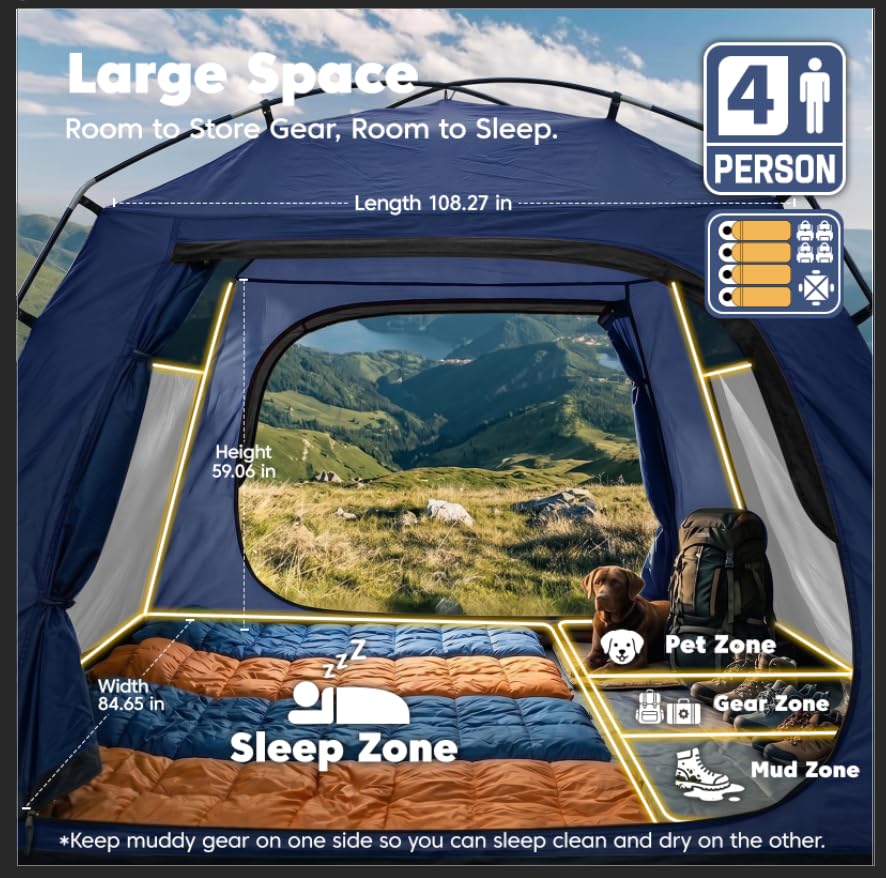 Purebox 4-Person Waterproof Camping Tent with Rainfly