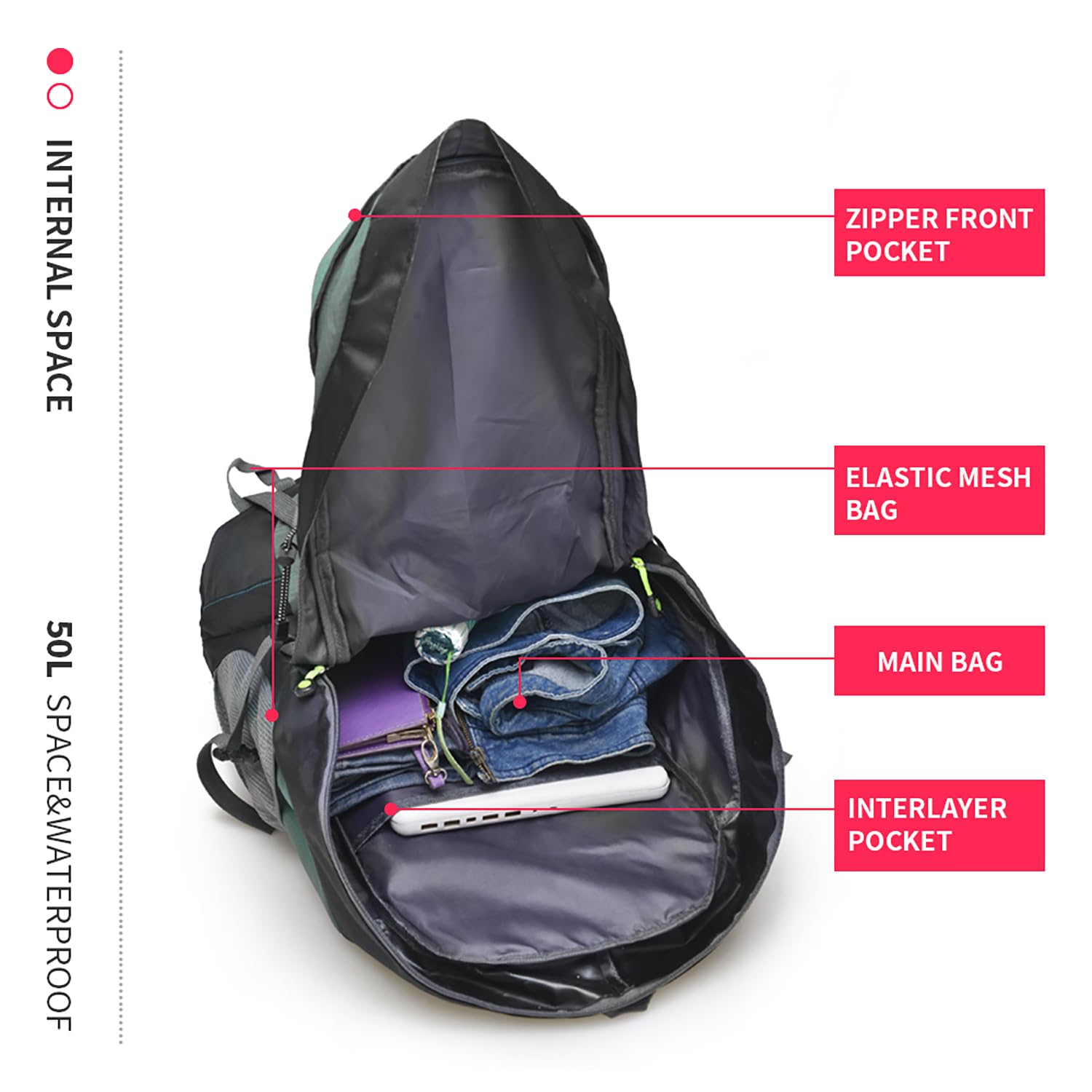 Bseash 50L Water-Resistant Lightweight Hiking Backpack