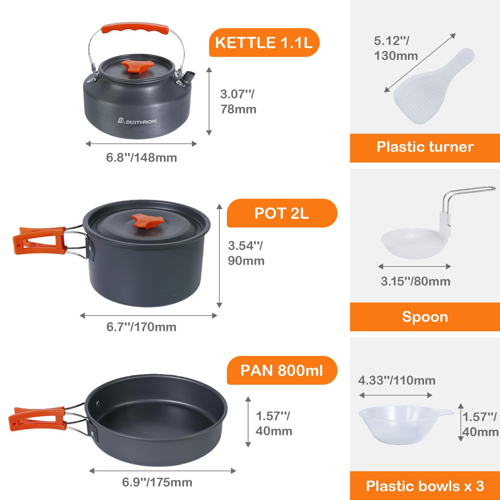 DINITHRON 10-Piece Camping Cookware Set with Kettle and Pan