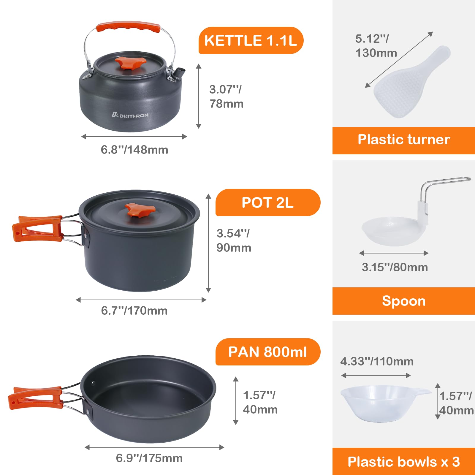 DINITHRON 10-Piece Camping Cookware Set with Kettle and Pan