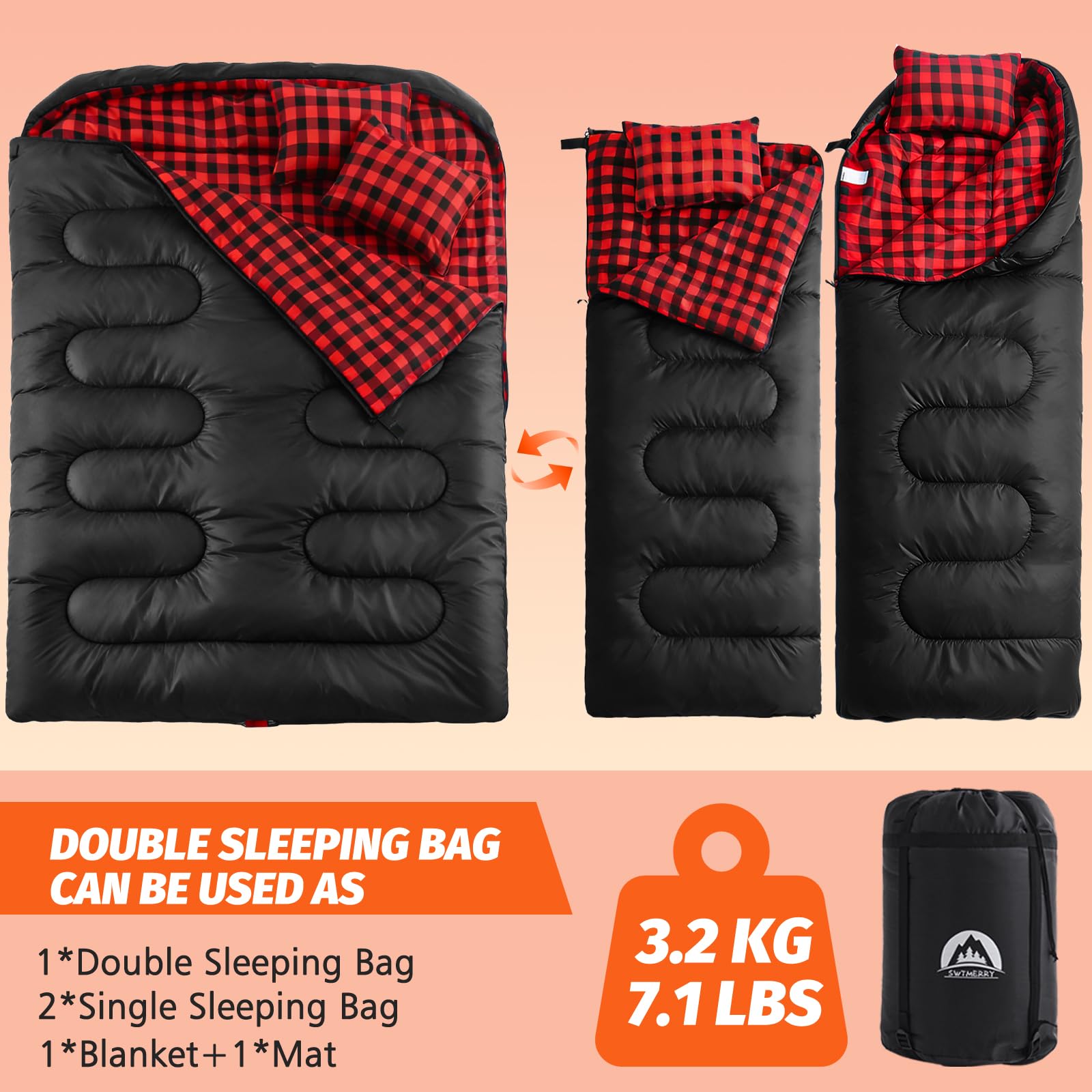 Swtmerry XL Double Sleeping Bag with Two Pillows