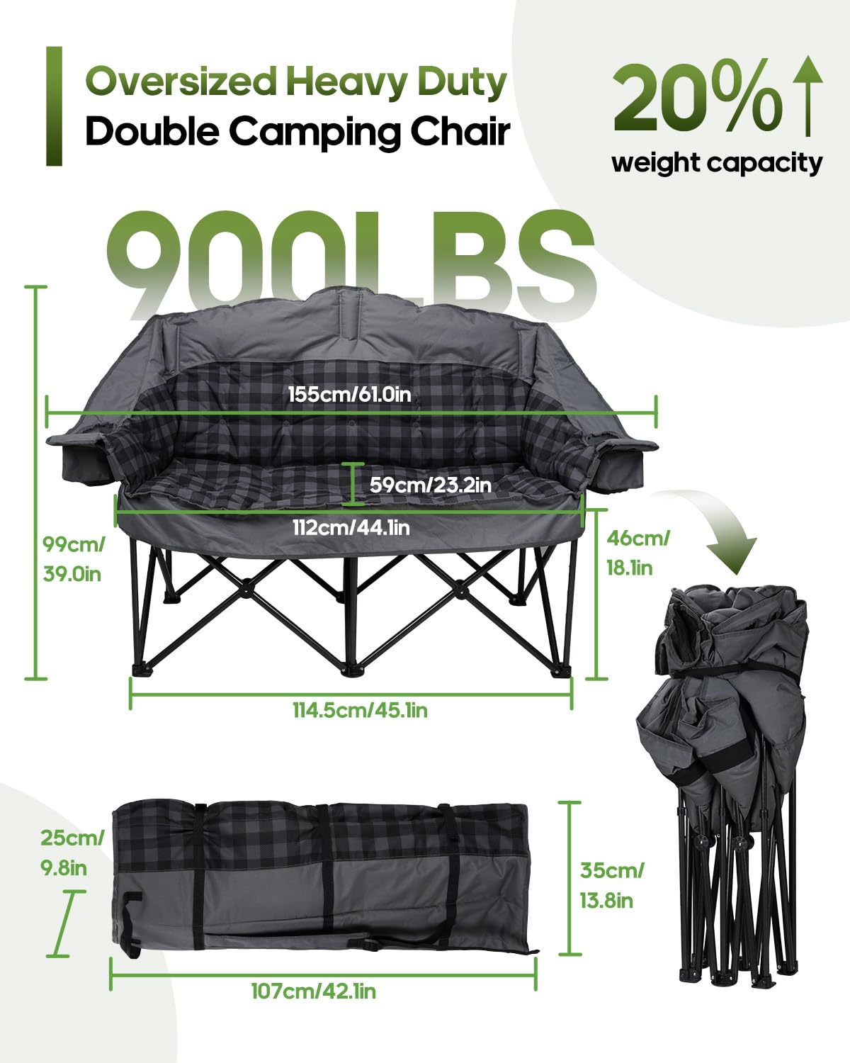 Pcuauld Oversized Double Camping Loveseat with Cup Holders