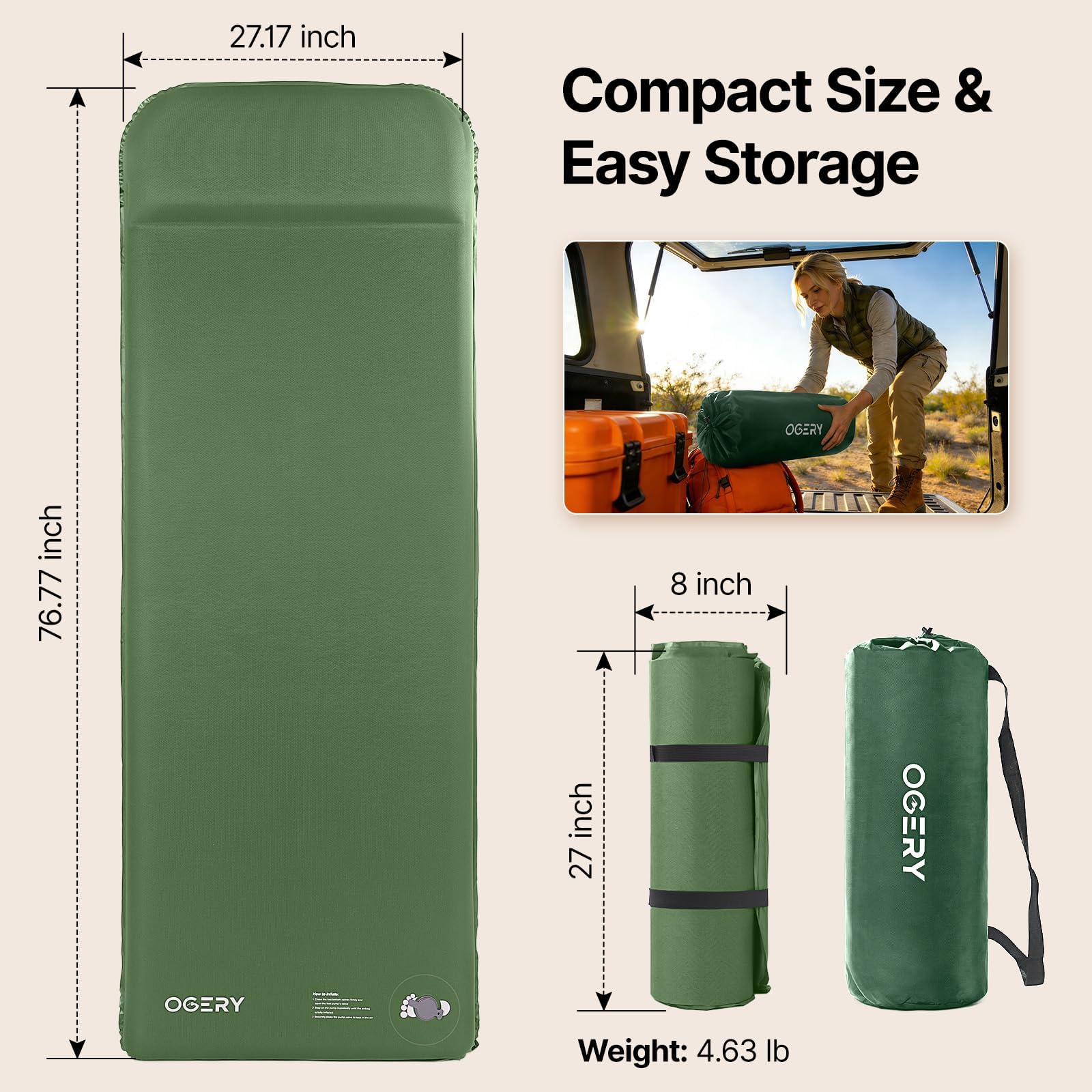 OGERY 3-Inch Self-Inflating Memory Foam Sleeping Pad