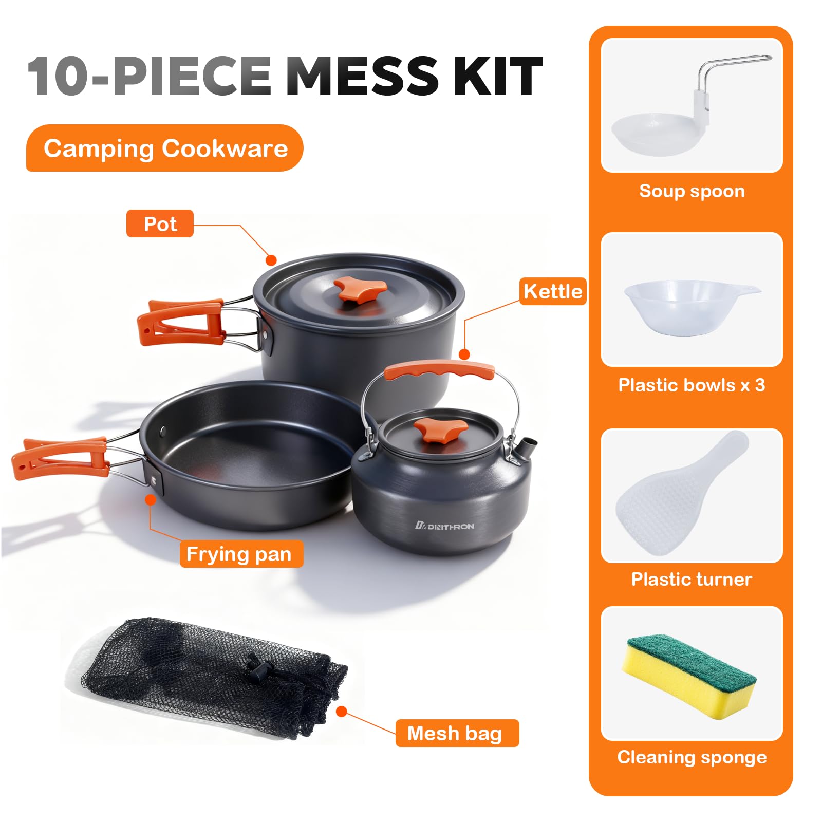 DINITHRON 10-Piece Camping Cookware Set with Kettle and Pan