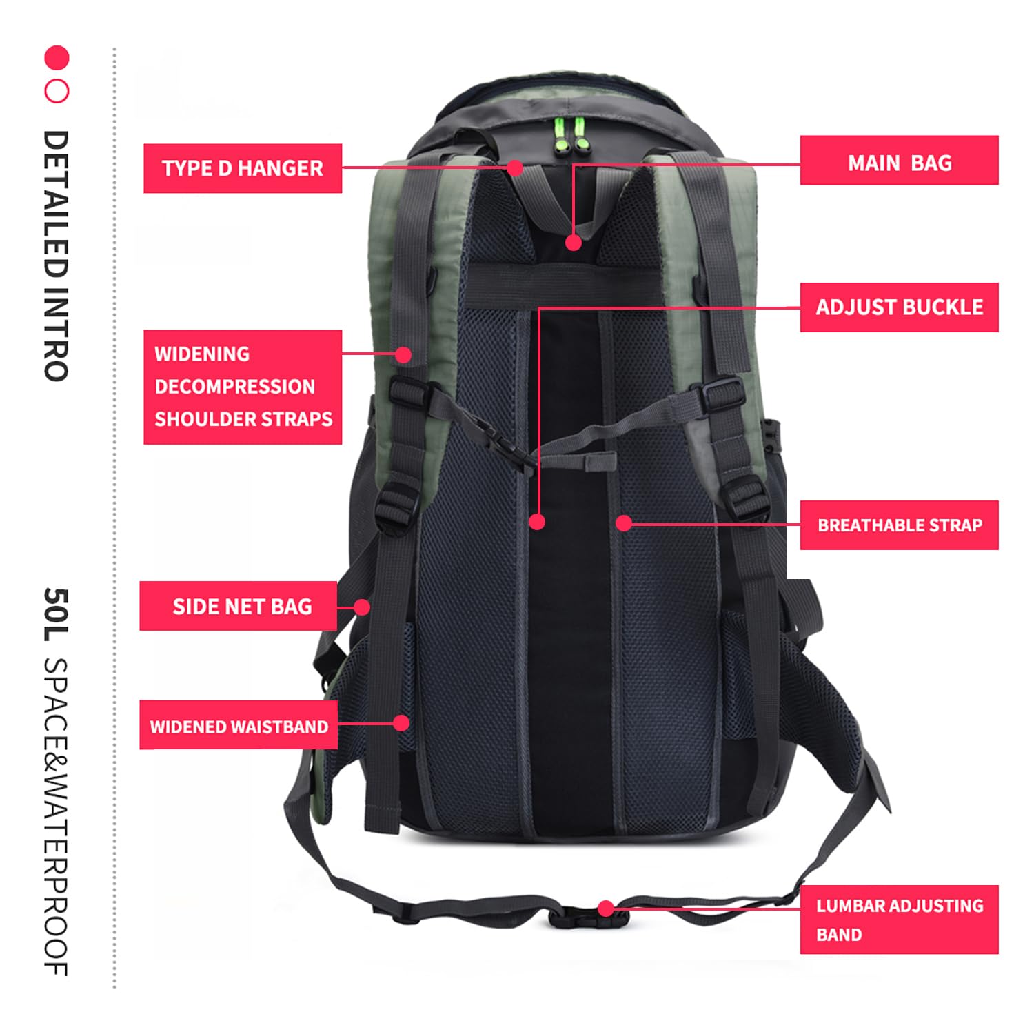 Bseash 50L Water-Resistant Lightweight Hiking Backpack