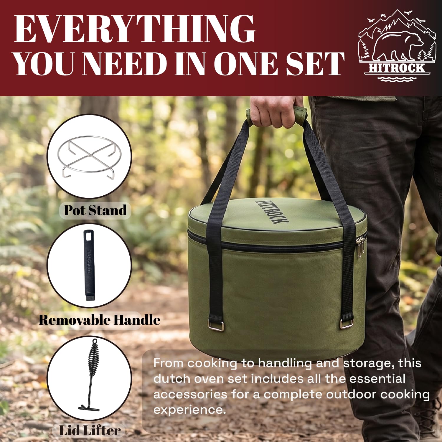 HITROCK Pre-Seasoned Cast Iron Camping Dutch Oven Kit