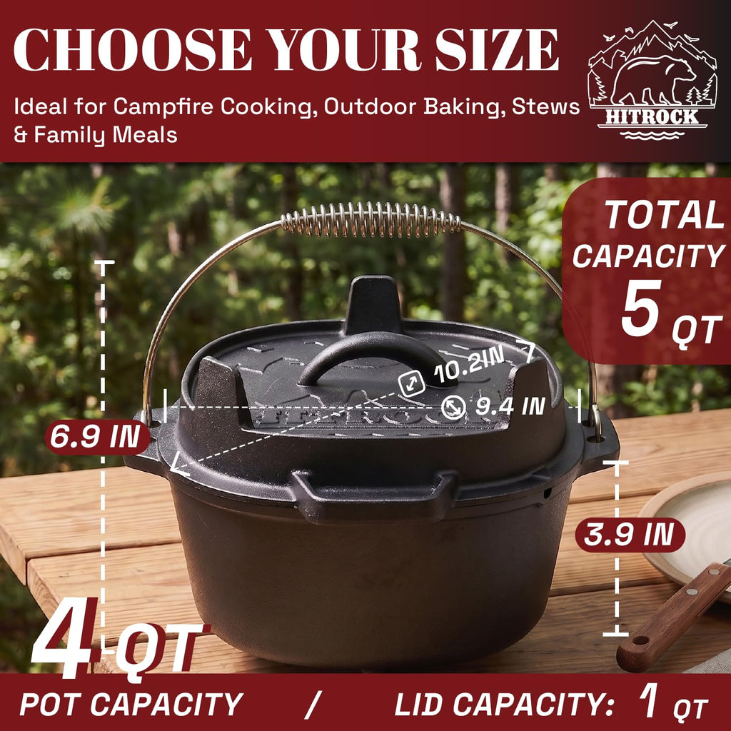 HITROCK Pre-Seasoned Cast Iron Camping Dutch Oven Kit
