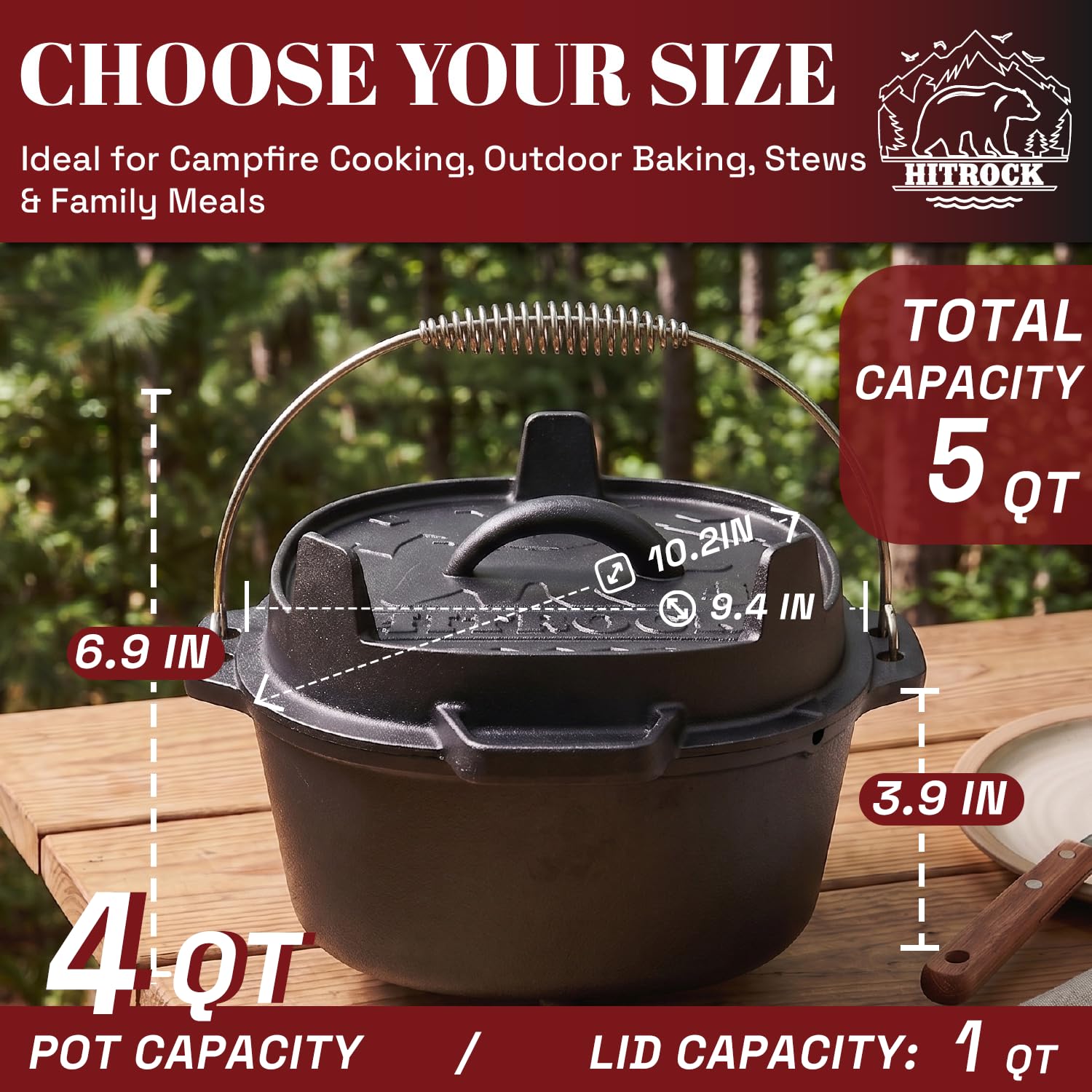 HITROCK Pre-Seasoned Cast Iron Camping Dutch Oven Kit