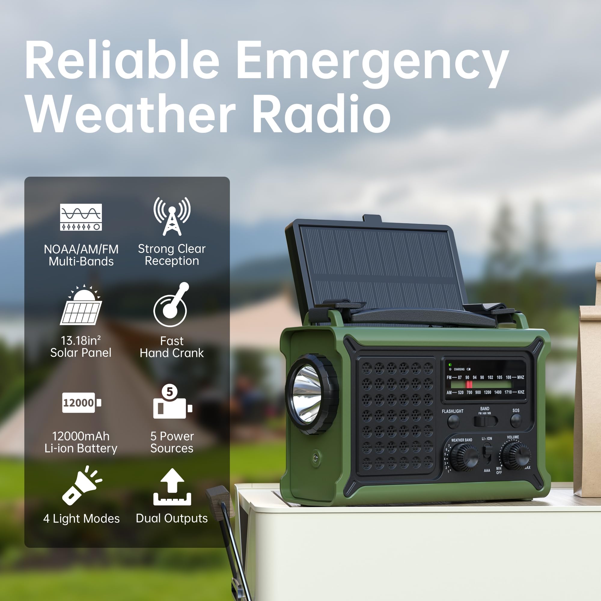 12,000mAh Solar Hand-Crank Emergency Radio with Clear Signal