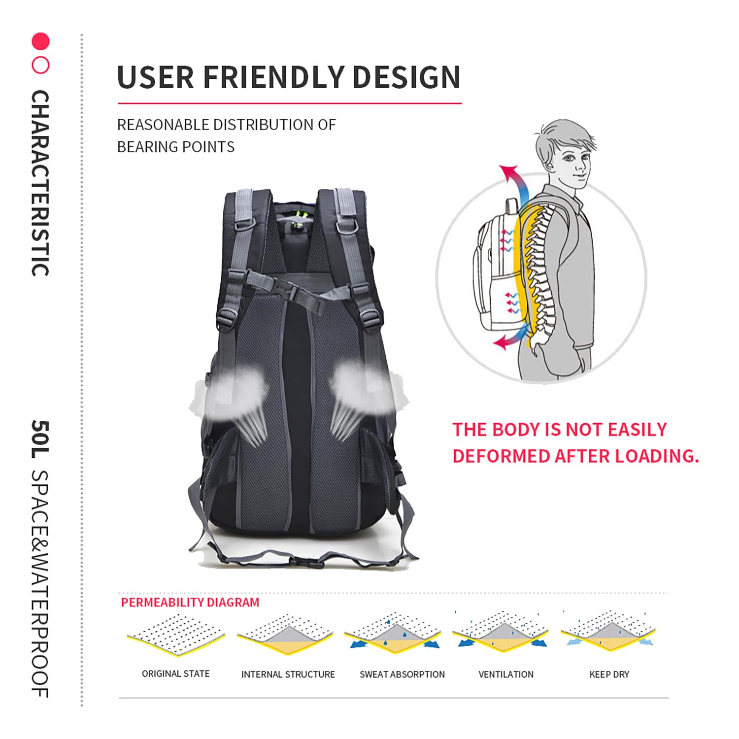 Bseash 50L Water-Resistant Lightweight Hiking Backpack