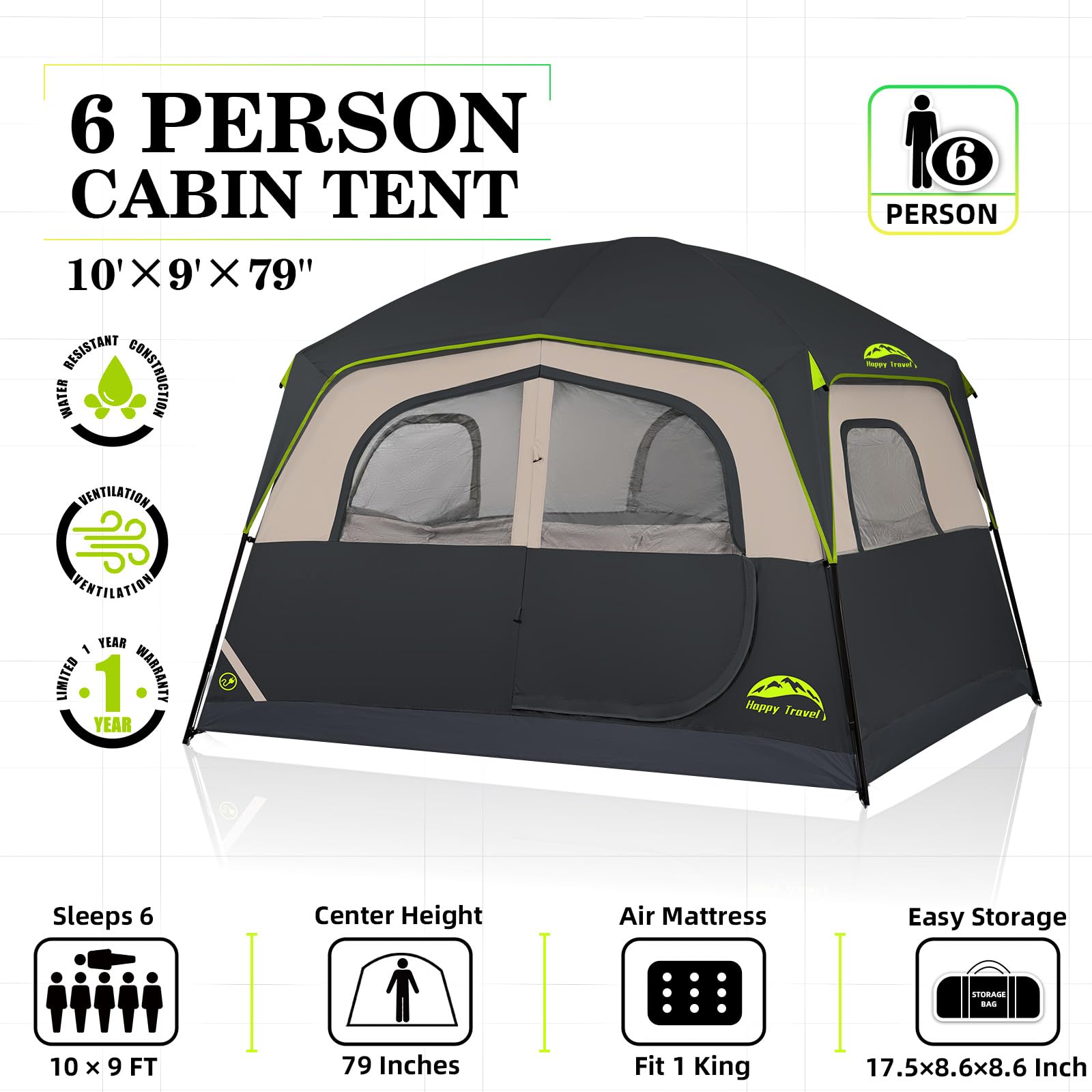 Happy Travel 6-Person Waterproof Cabin Tent with Rainfly