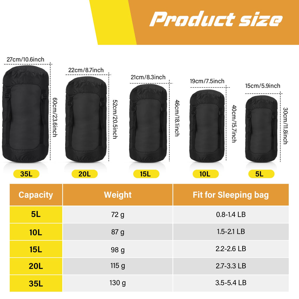 GliCraft 5-Piece Compression Sack Set for Backpacking