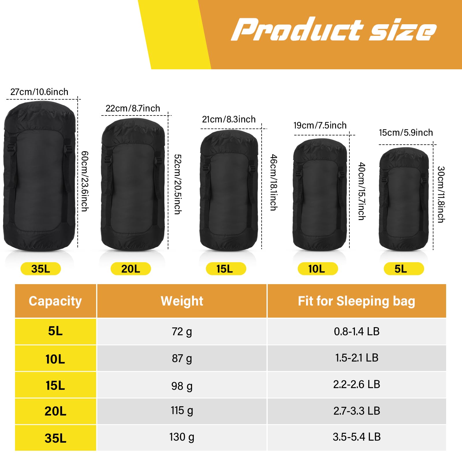 GliCraft 5-Piece Compression Sack Set for Backpacking