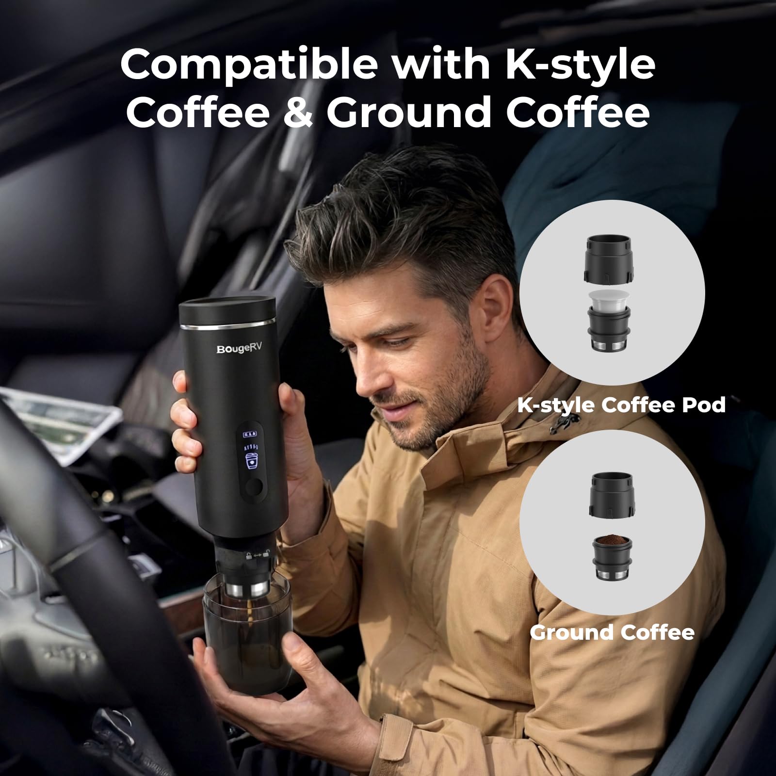 BougeRV Portable Coffee Maker for K-Cup Pods and Grounds