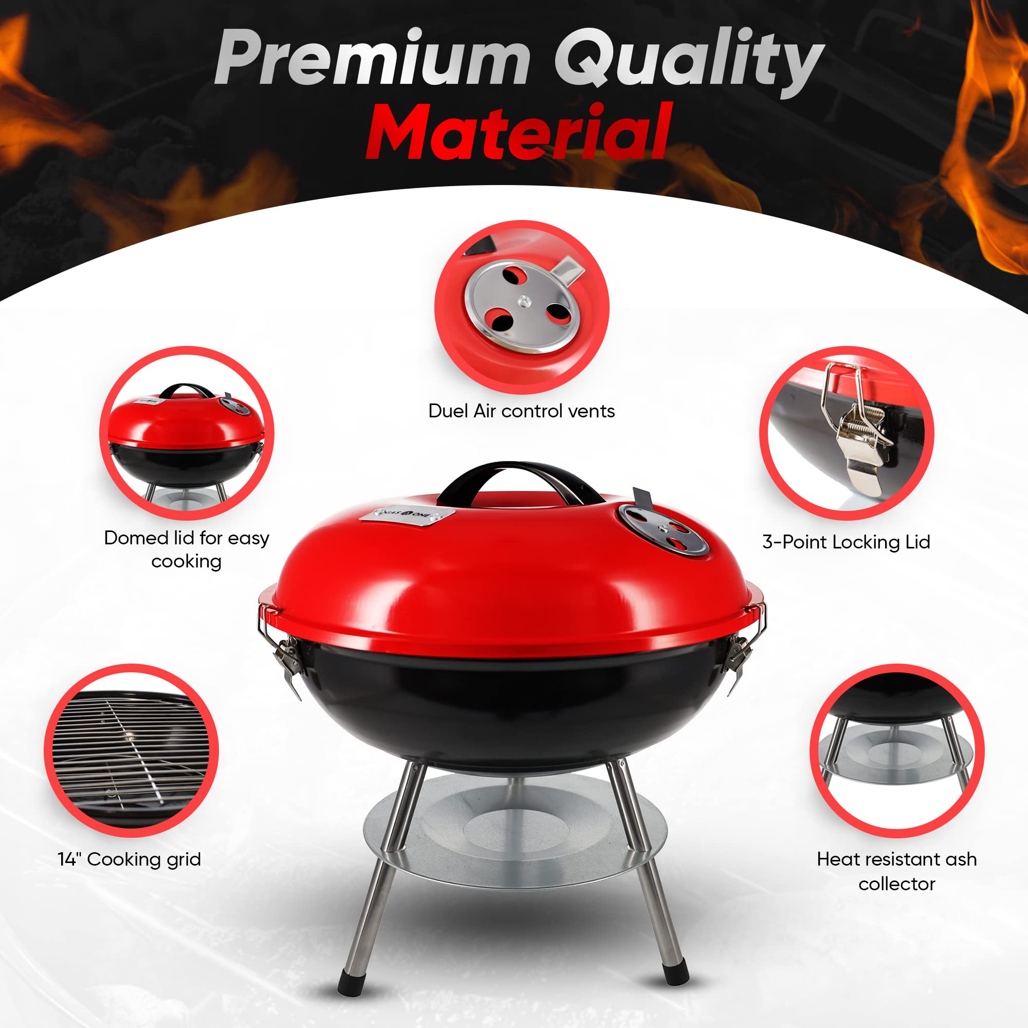 Gas One 14-Inch Portable Charcoal Grill with Locking Lid