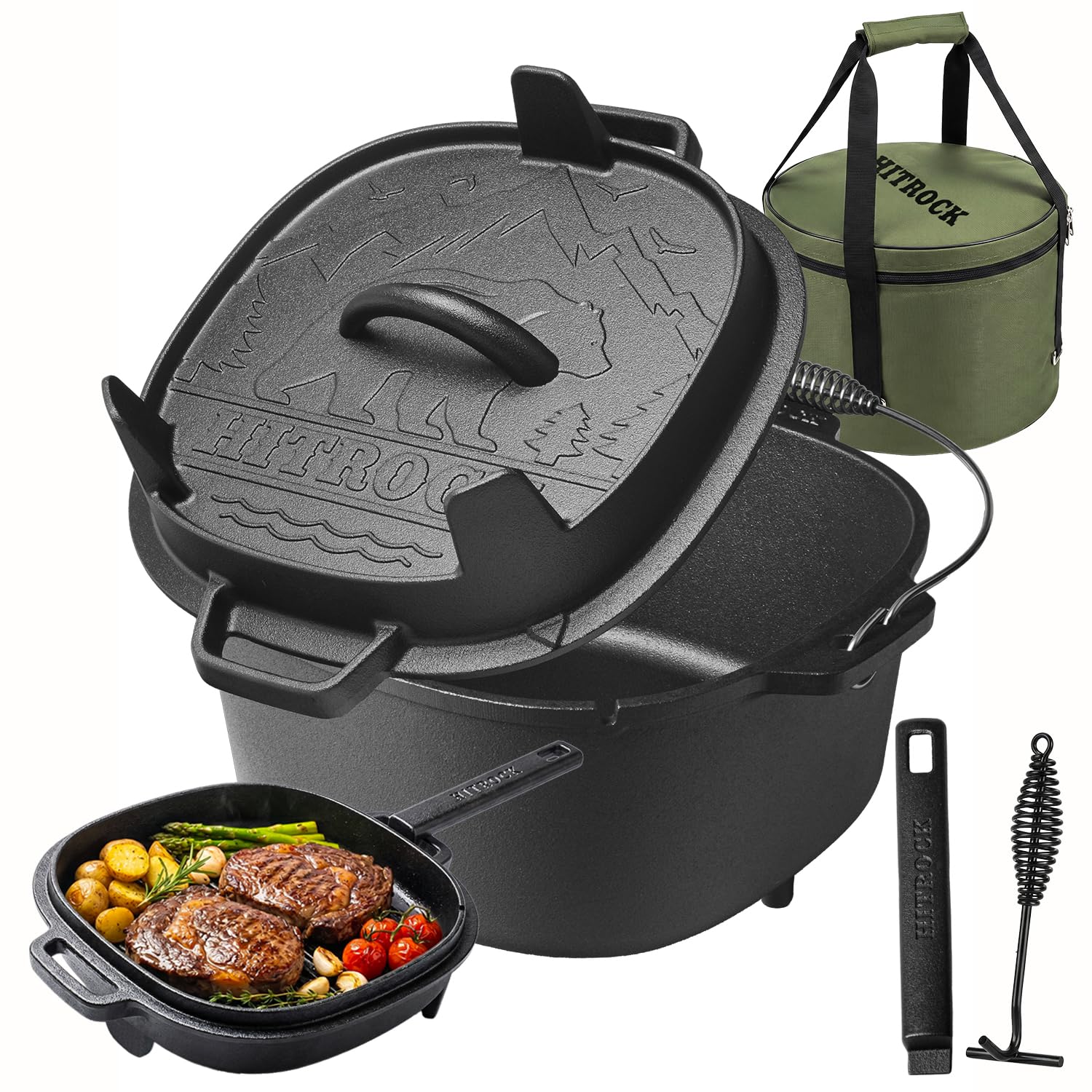 HITROCK Pre-Seasoned Cast Iron Camping Dutch Oven Kit