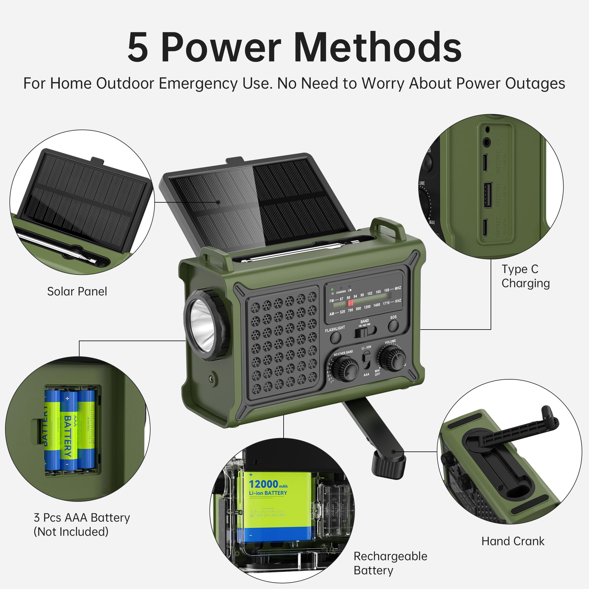 12,000mAh Solar Hand-Crank Emergency Radio with Clear Signal
