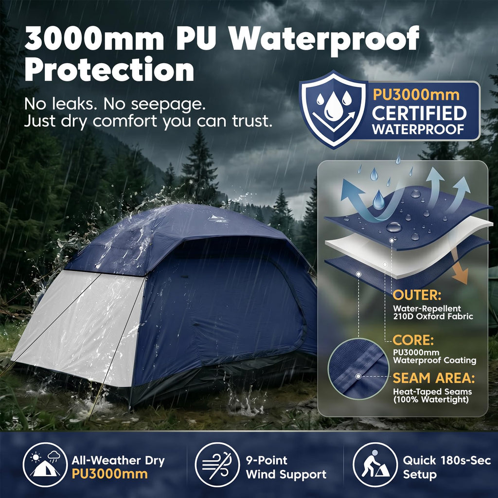 Purebox 4-Person Waterproof Camping Tent with Rainfly