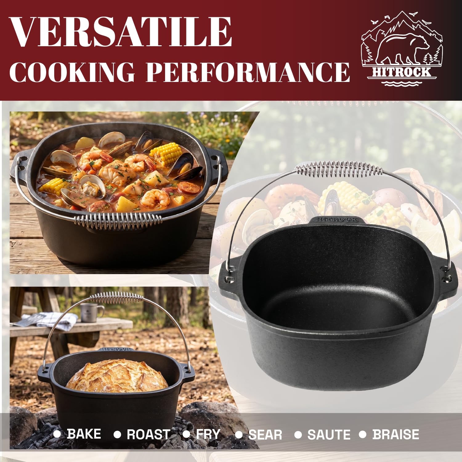 HITROCK Pre-Seasoned Cast Iron Camping Dutch Oven Kit