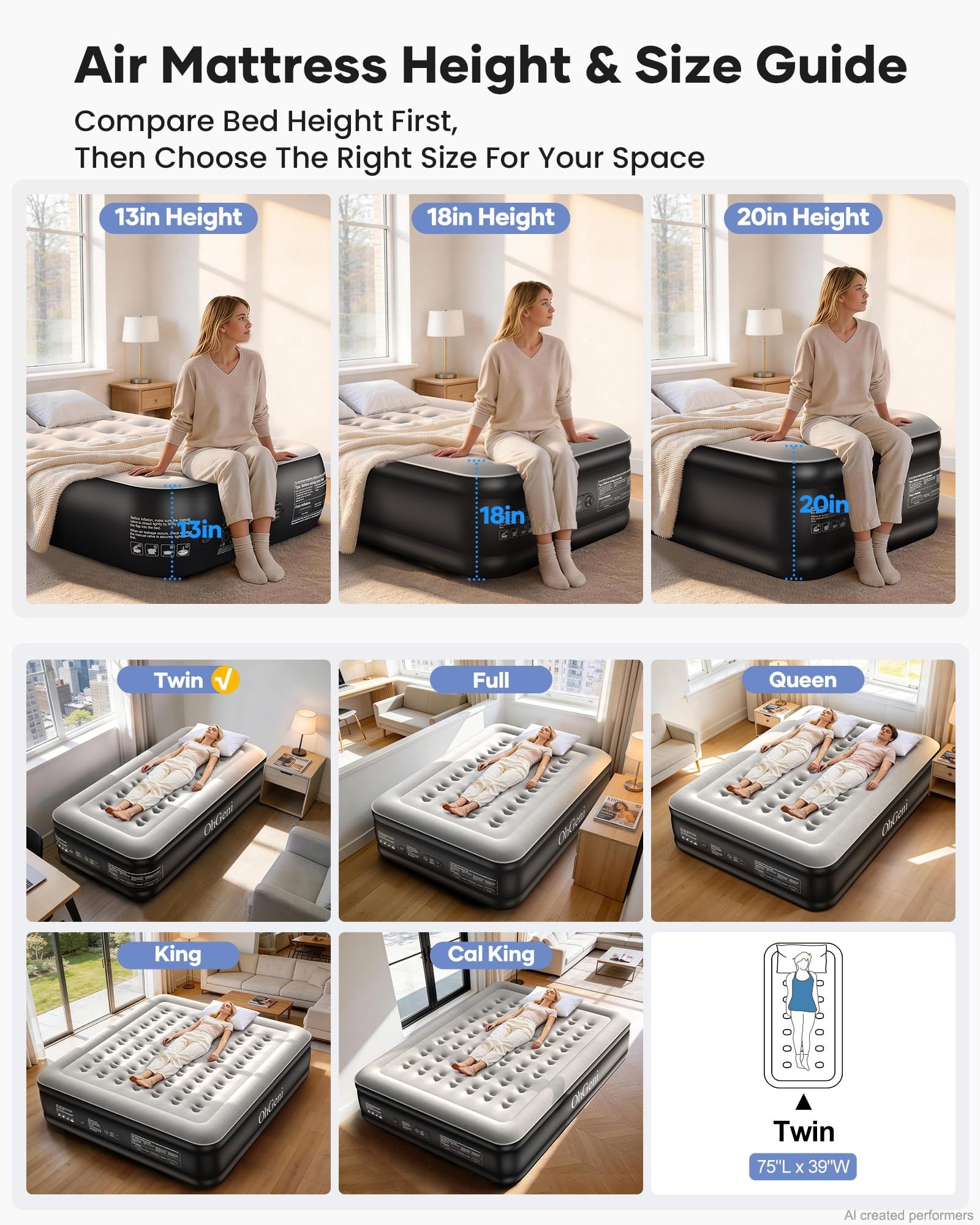 OhGeni Inflatable Air Mattress with Built-In Pump